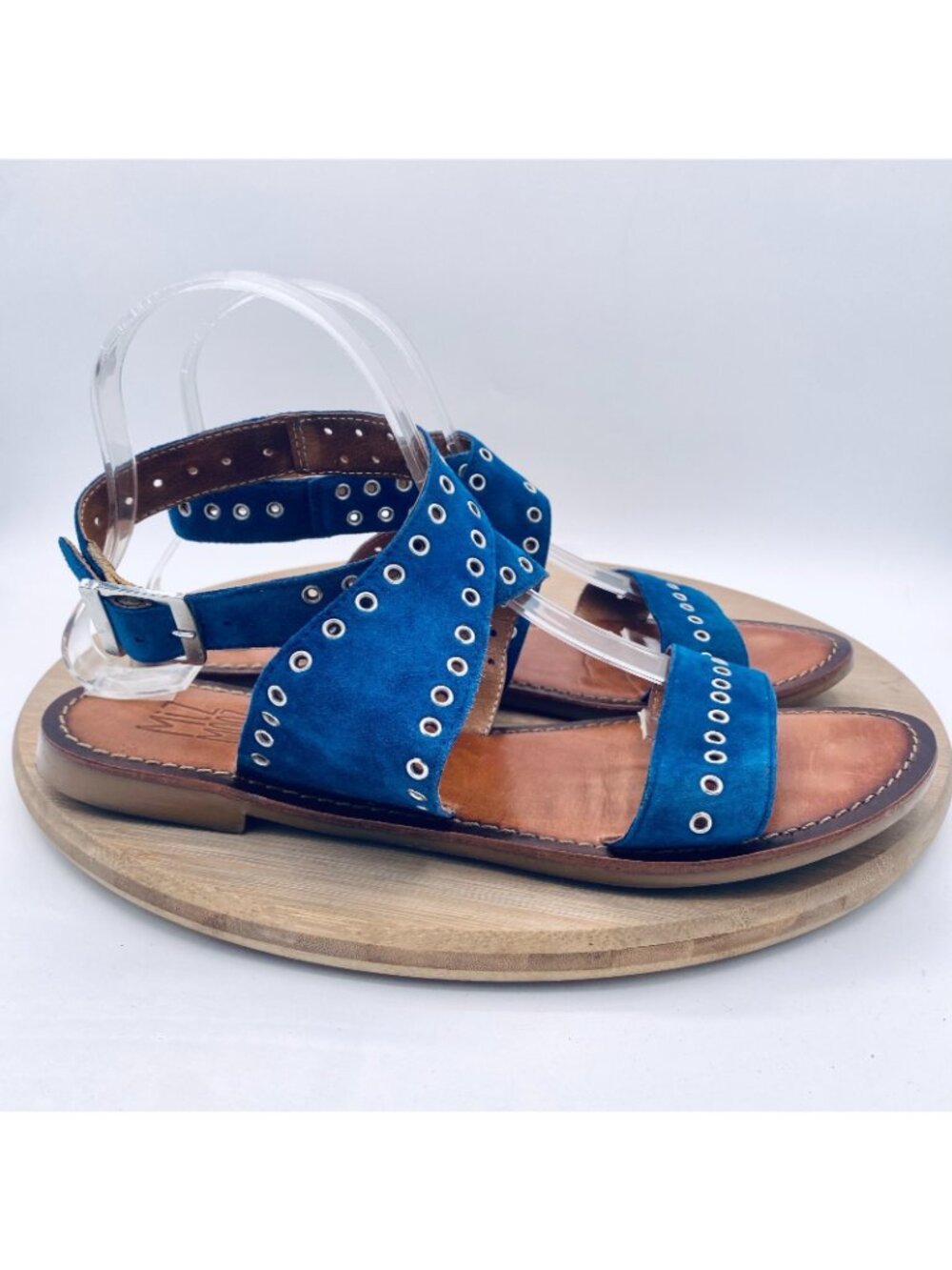 Miz Mooz Sandals Womens 8.5 Blue Leather Ankle Strap Studded Flats Peep - Picture 6 of 12